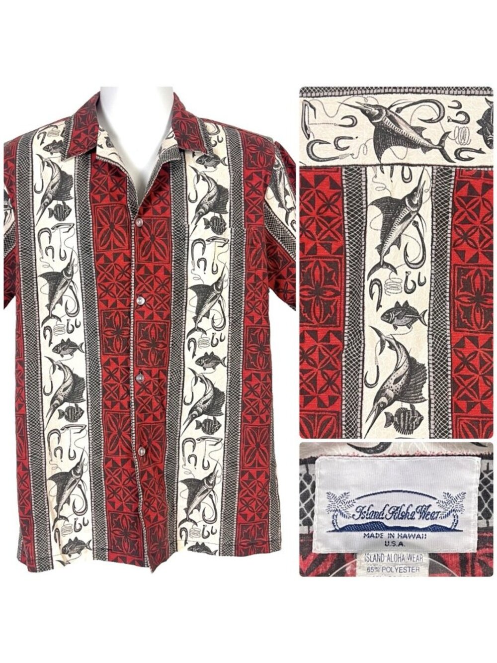 Island Aloha Wear BillFish Hooks Tapa Mens Vtg Hawaiian Shirt size Medium 44x28